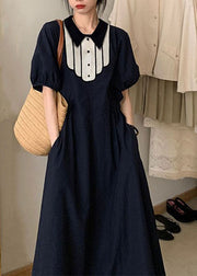 Modern Black Peter Pan Collar Pockets Flattering Maxi Dresses Short Sleeve