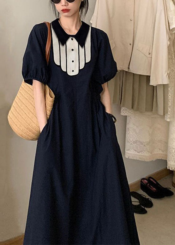 Modern Black Peter Pan Collar Pockets Flattering Maxi Dresses Short Sleeve