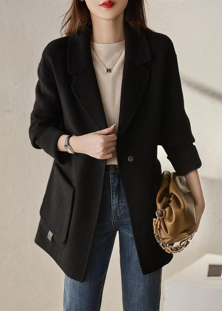 Modern Black Peter Pan Collar Pockets Woolen Trench Fall