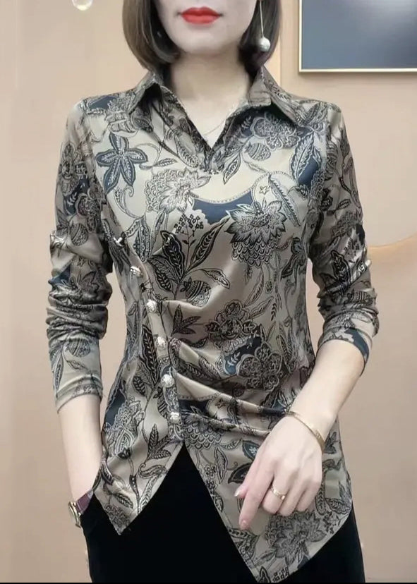 Modern Black Peter Pan Collar Print Patchwork Silk Shirts Fall