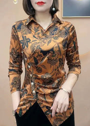 Modern Black Peter Pan Collar Print Patchwork Silk Shirts Fall