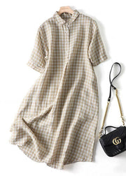 Modern Black Plaid Peter Pan Collar Button Linen Long Shirts Dress Summer