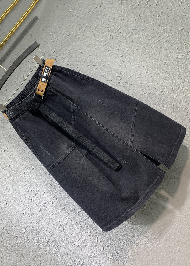 Modern Black Pockets Elastic Waist Patchwork Denim Skirts Fall