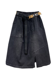 Modern Black Pockets Elastic Waist Patchwork Denim Skirts Fall