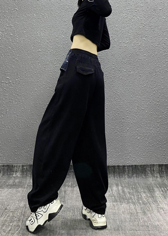 Modern Black Pockets Patchwork Denim Straight Pants Fall