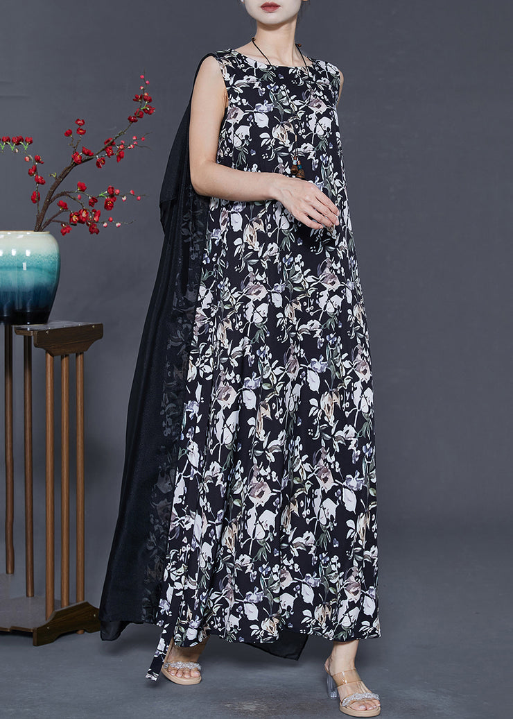 Modern Black Print Patchwork Cloak Chiffon Dress Summer