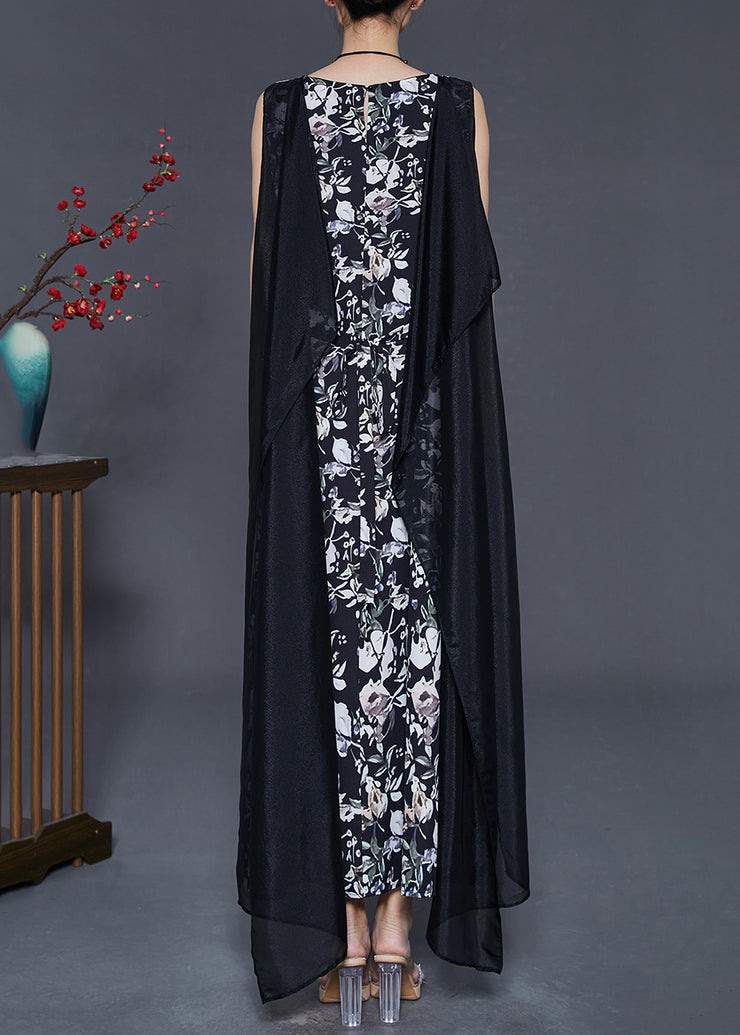 Modern Black Print Patchwork Cloak Chiffon Dress Summer