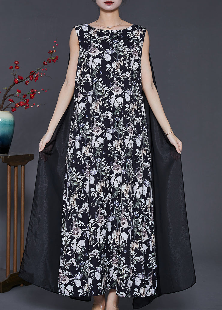 Modern Black Print Patchwork Shawl Chiffon Long Dress Sleeveless