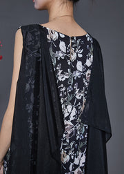 Modern Black Print Patchwork Shawl Chiffon Long Dress Sleeveless