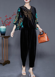 Modern Black Print Zircon Silk Velour Two Pieces Set Batwing Sleeve