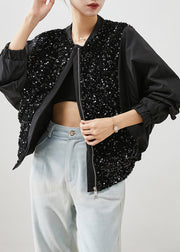 Modern Black Sequins PocketsPatchwork Cotton Jackets Fall