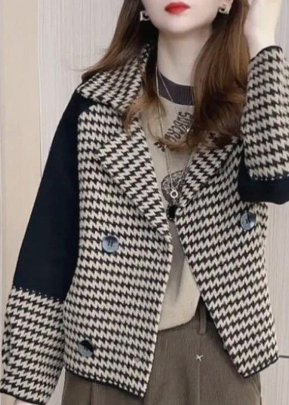 Modern Black Square Collar Striped Patchwork Woolen Coats Fall