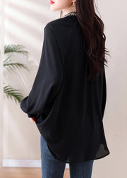 Modern Black Stand Collar Button Chiffon Shirt Long Sleeve