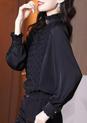 Modern Black Stand Collar Ruffled Warm Fleece Chiffon Shirts Long Sleeve