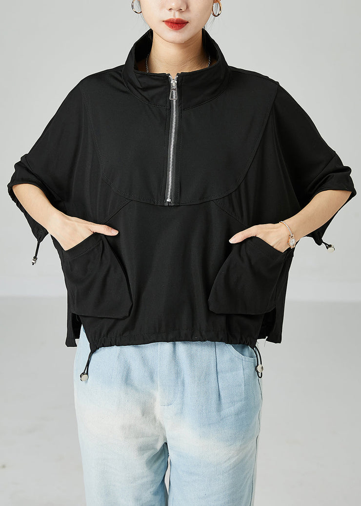 Modern Black Stand Collar Zip Up Cotton Tank Summer