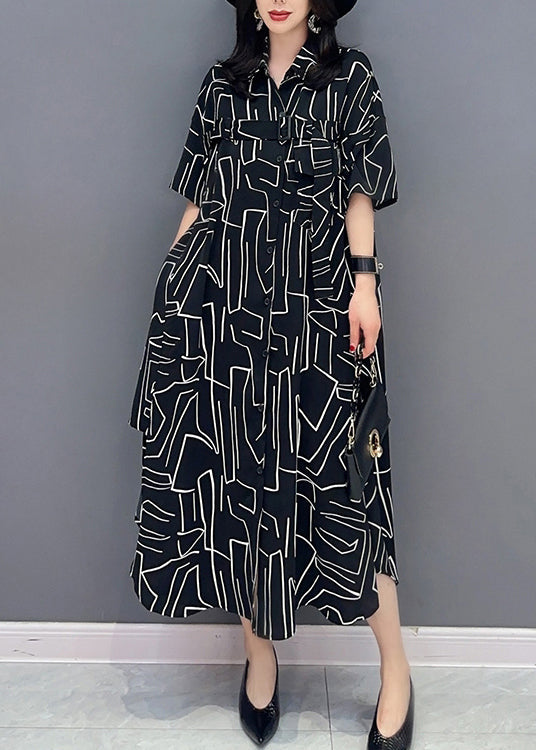 Modern Black Striped Button Long Shirts Dress Spring