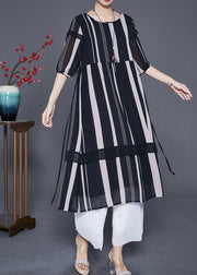 Modern Black Striped Patchwork Chiffon Maxi Dresses Half Sleeve