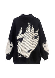 Modern Black Turtleneck Cartoon Print Thick Knit Sweater Winter