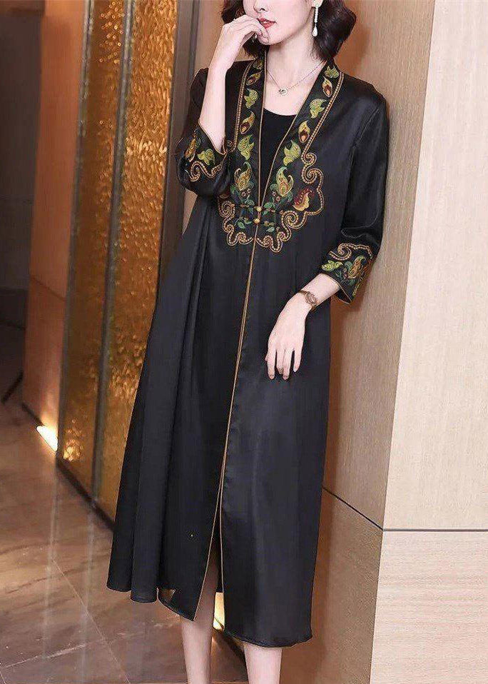 Modern Black V Neck Embroideried Floral Button Trench Coat Long Sleeve