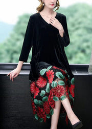 Modern Black V Neck Floral Patchwork Hollow Out Silk Velour Dress Spring