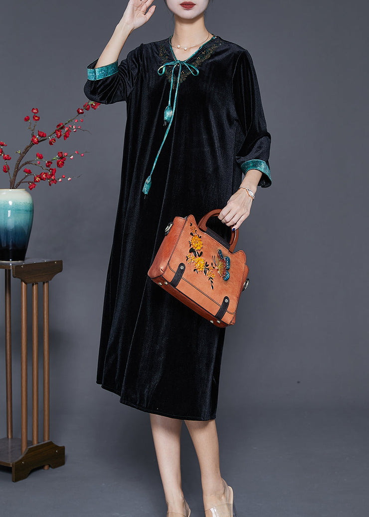 Modern Black V Neck Neck Tie Silk Velour Dress Half Sleeve