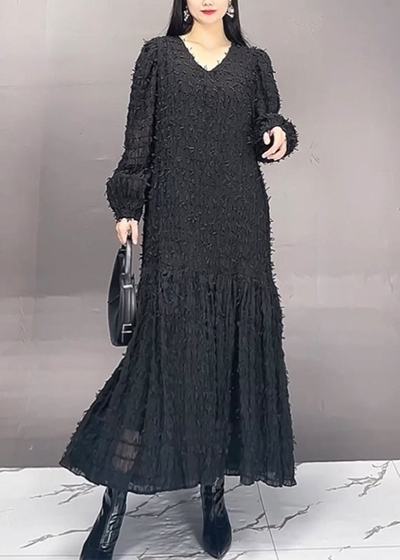 Modern Black V Neck Patchwork Chiffon Long Dress Fall