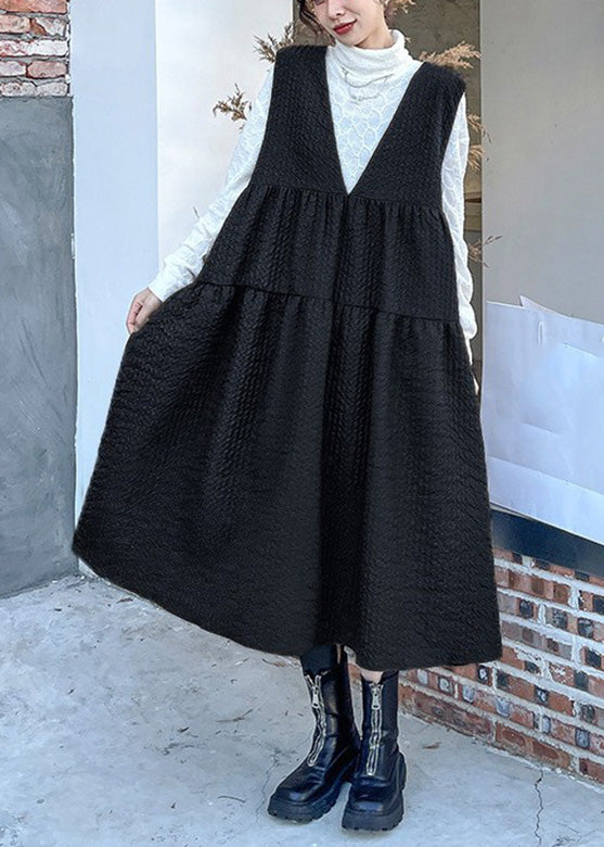 Modern Black V Neck Patchwork Long Dresses Spring