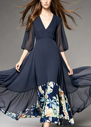 Modern Black V Neck Patchwork Print Chiffon Dress Summer