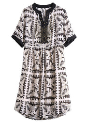 Modern Black V Neck Print Button Vacation Mid Dresses Short Sleeve