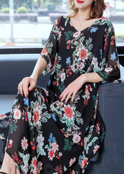 Modern Black V Neck Print Patchwork Chiffon Long Dress Summer