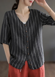 Modern Black V Neck Striped Button Linen Shirts Half Sleeve