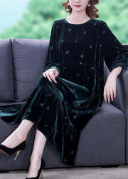 Modern Blackish Green Embroideried Patchwork Wrinkled Silk Velour Long Dress Spring