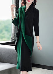 Modern Blackish Green V Neck Patchwork Wrinkled Maxi Dress Long Sleeve