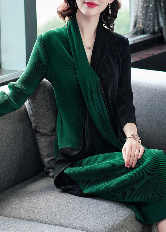 Modern Blackish Green V Neck Patchwork Wrinkled Maxi Dress Long Sleeve