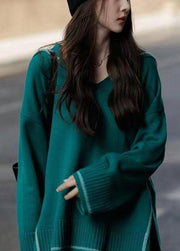 Modern Blackish Green V Neck Side Open Knitted Tops Spring