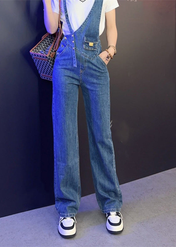 Modern Blue Asymmetrical Patchwork Button High Waist Denim Long Jumpsuits