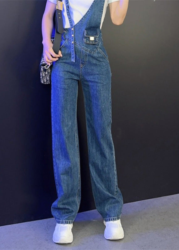 Modern Blue Asymmetrical Patchwork Button High Waist Denim Long Jumpsuits