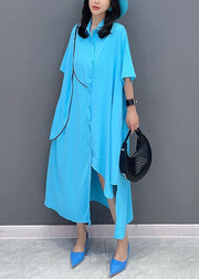 Modern Blue Asymmetrical Patchwork Chiffon Shirts Dress Summer