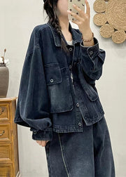 Modern Blue Button Pockets Patchwork Denim Coat Fall