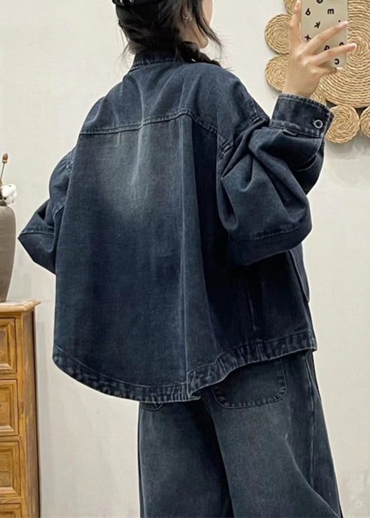 Modern Blue Button Pockets Patchwork Denim Coat Fall