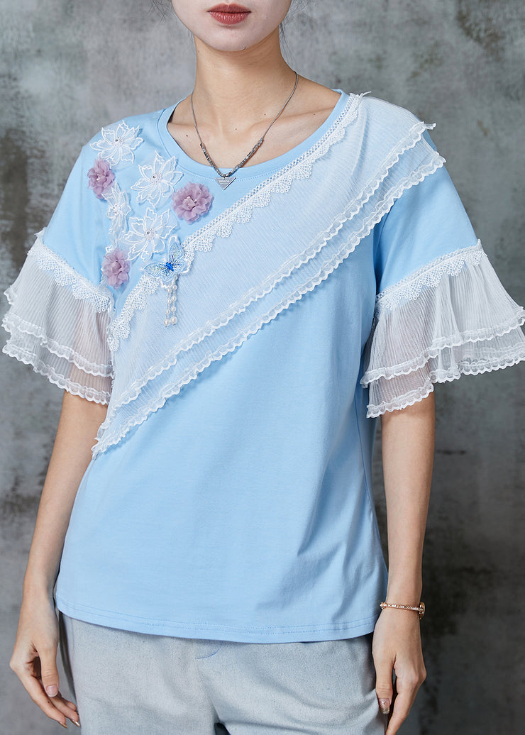 Modern Blue Floral Patchwork Lace Cotton Tank Flare Sleeve