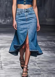 Modern Blue Front Open High Waist Denim Skirts Summer