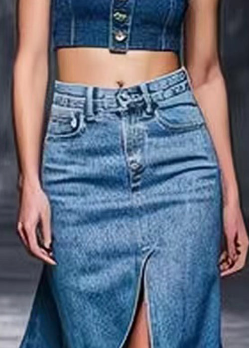 Modern Blue Front Open High Waist Denim Skirts Summer