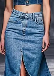 Modern Blue Front Open High Waist Denim Skirts Summer