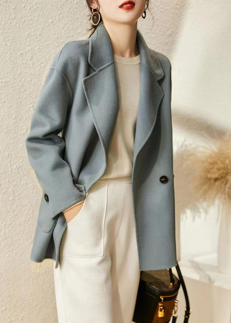 Modern Blue Grey Lapel Button Down Pockets Woolen Coats Fall