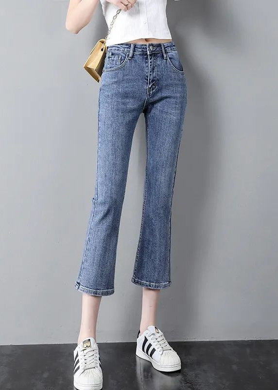 Modern Blue High Waist Patchwork Button Crop Jeans Summer