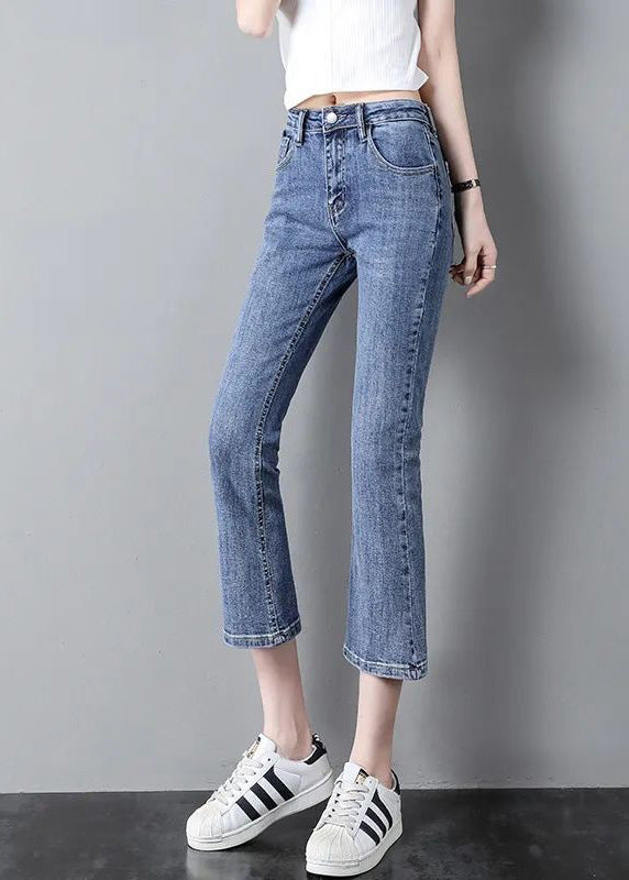 Modern Blue High Waist Patchwork Button Crop Jeans Summer