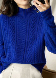 Modern Blue Hign Neck Thick Patchwork Cable Knit Sweaters Winter