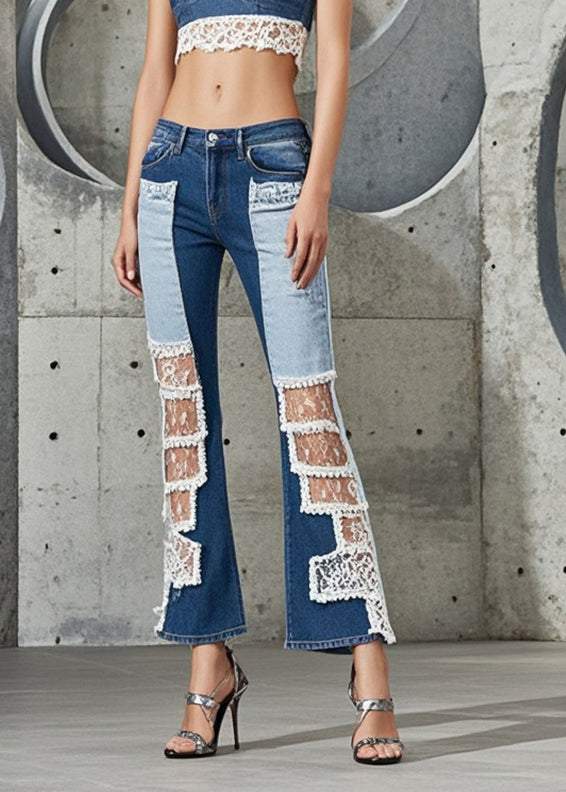 Modern Blue Hollow Out Patchwork Denim Flare Bottoms Fall