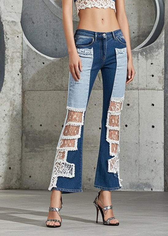 Modern Blue Hollow Out Patchwork Denim Flare Bottoms Fall